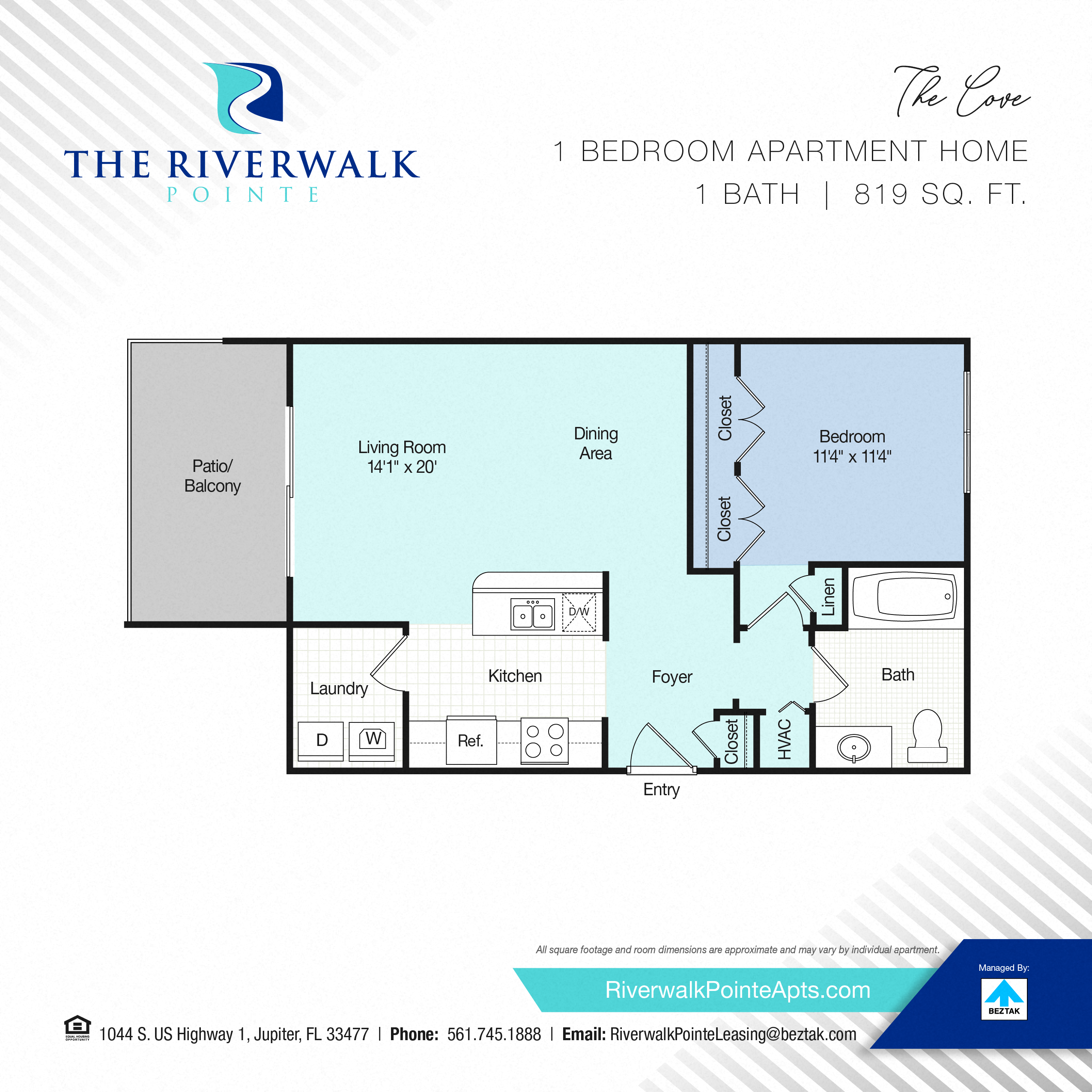 Floor plan for 1 bed, 1 bath, 819 sqft